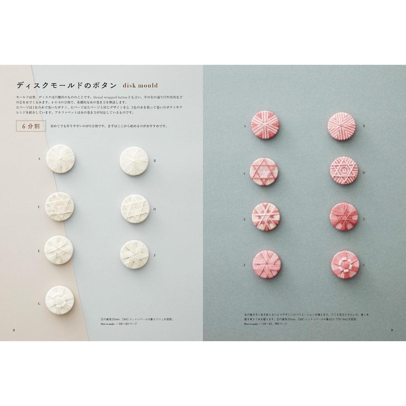 Puede incluir: Una p&aacute;gina de libro con botones hechos a mano. Los botones son redondos y vienen en blanco y rosa, con diferentes dise&ntilde;os bordados. El texto de la imagen est&aacute; en japon&eacute;s.