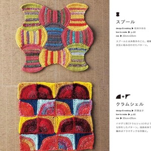 Puede incluir: P&aacute;gina de un libro de manualidades con dos proyectos de ganchillo coloridos. El proyecto superior es un dise&ntilde;o multicolor en forma de jarr&oacute;n, de aproximadamente 22 cm por 22 cm. El proyecto inferior es un dise&ntilde;o cuadrado con un patr&oacute;n repetitivo, de aproximadamente 20 cm por 20 cm.