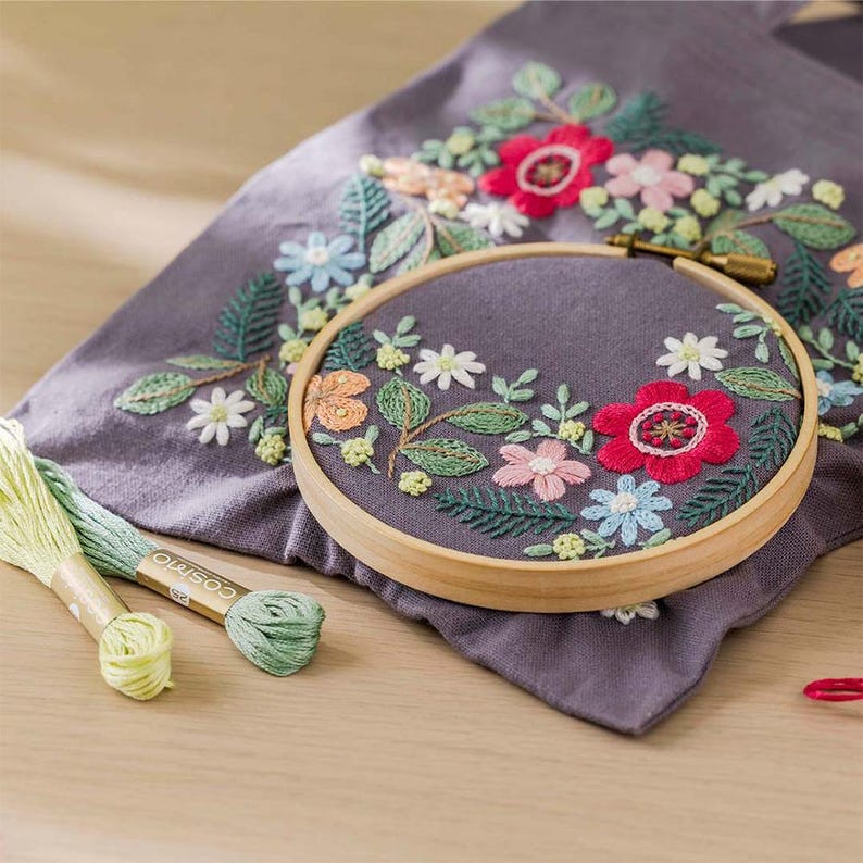 May include: A floral embroidery project in progress. A wooden embroidery hoop holds a gray fabric with a colorful embroidered flower design. Green, pink, and white flowers are featured. Skeins of green and yellow embroidery floss are on the wooden surface.