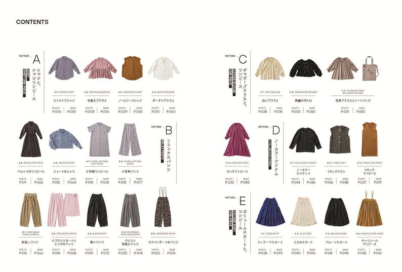 Pu&ograve; includere: Una pagina di catalogo con vari capi di abbigliamento. La pagina &egrave; divisa in sezioni dalla A alla E, che mostrano camicie, camicette, vestiti, pantaloni, gonne e una borsa tote. Gli articoli sono visualizzati con testo e numeri di foto.