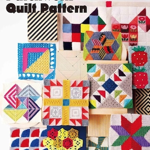 Könnte beinhalten: Eine Sammlung farbenfroher Crochet-Patchwork-Quilt-Muster. Das Bild zeigt verschiedene quadratische und rechteckige Designs mit geometrischen und floralen Motiven. Die Muster sind in Rot-, Blau-, Gelb-, Grün- und Weißtönen gehalten. Der Text "Crochet Patchwork Quilt Pattern" ist sichtbar.