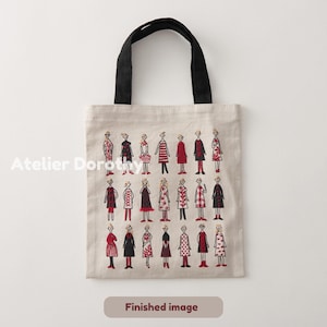 Könnte beinhalten: Beige Tragetasche mit schwarzen Henkeln und einem sich wiederholenden Muster von illustrierten Figuren in verschiedenen Outfits. Der Text "Atelier Dorothy" ist links aufgedruckt, und "Finished image" steht unten.