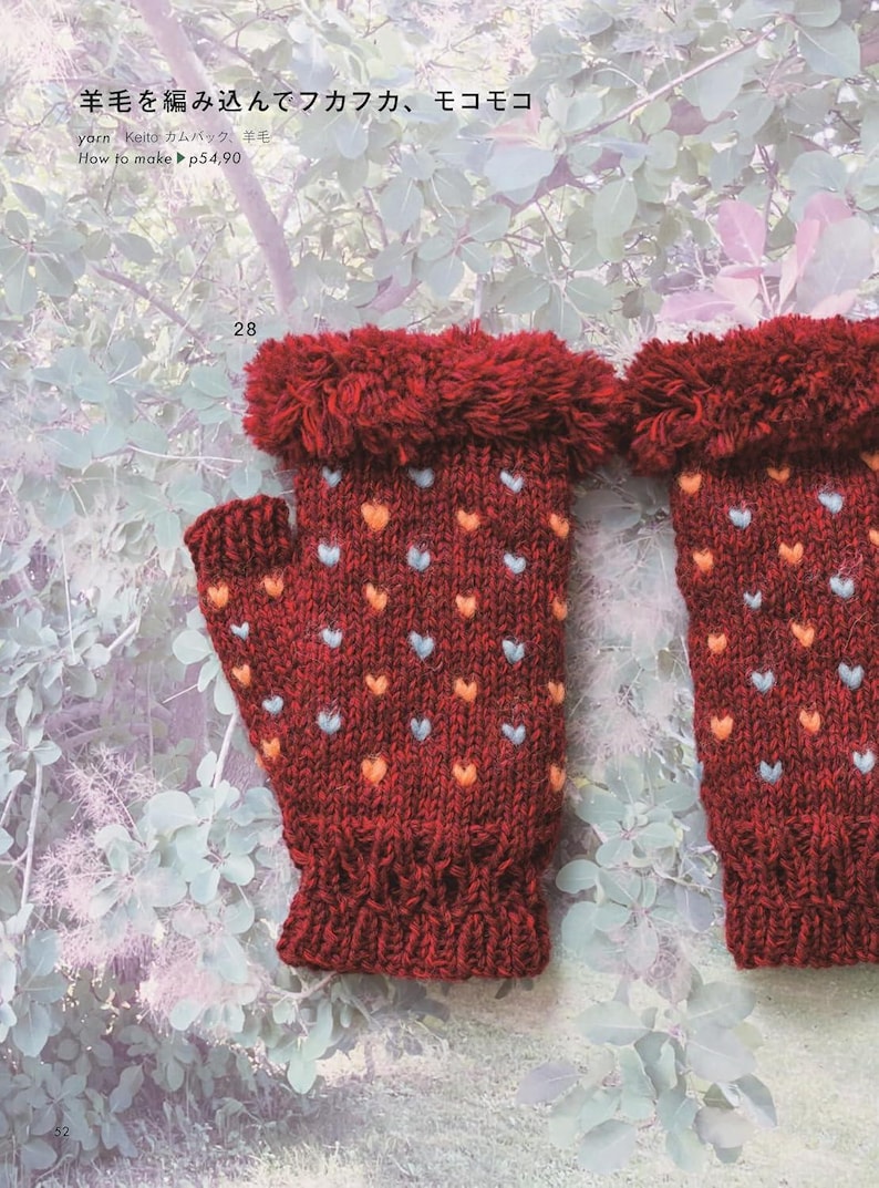 May include: A pair of fingerless gloves in a deep red knit featuring a pattern of small light blue and orange hearts. The gloves have a ribbed cuff at the wrist and a textured, fuzzy fringe trim at the top edge. The text 28 is visible.