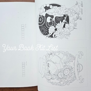 Pode incluir: Livro aberto com duas ilustra&ccedil;&otilde;es detalhadas em preto e branco. Uma apresenta uma mulher em um design floral, a outra uma mulher com um chap&eacute;u e girass&oacute;is. O texto "Your Book Kit List" tamb&eacute;m &eacute; vis&iacute;vel.