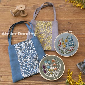 Japanese Embroidery Kit: Bird & Wildflower Tote Bag, Gray and Yellow image 4