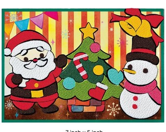 May include: A colorful Christmas-themed illustration featuring Santa Claus, a Christmas tree, and a snowman. The image is 7 inches by 5 inches and includes a candy cane, ornaments, and a star on the tree. The background has vertical stripes.
