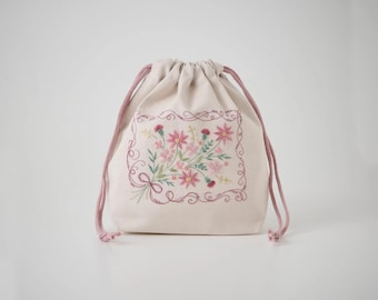 LECIEN COSMO, Atelier de Nora - Gentle Daily Embroidery Time - Kit med dragsko och snöre: Gåva av sammankopplade hjärtan, ljusgrå