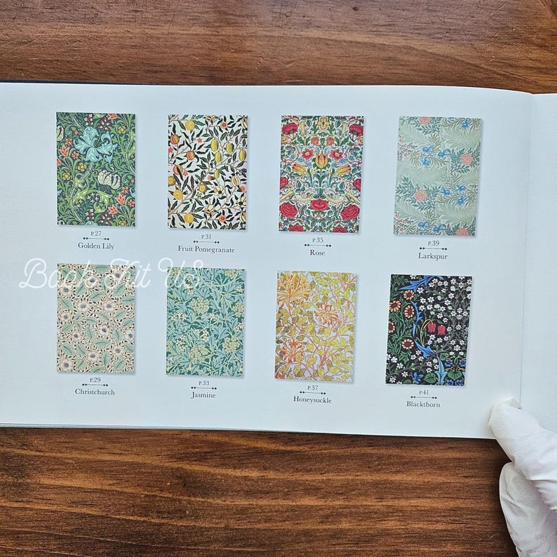 May include: A page from a book featuring eight different floral pattern designs. The patterns include Golden Lily, Fruit Pomegranate, Rose, Larkspur, Christchurch, Jasmine, Honeysuckle, and Blackthorn. The book's title is "Book Tut Us".
