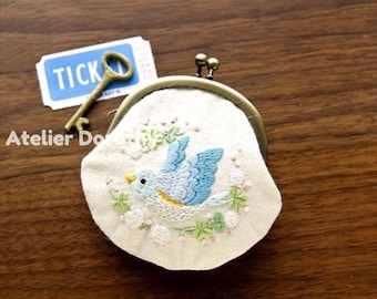 Animal Embroidery Kit- Bird & White Clover, Japanese DIY Clasp Purse by Artist Chicchi