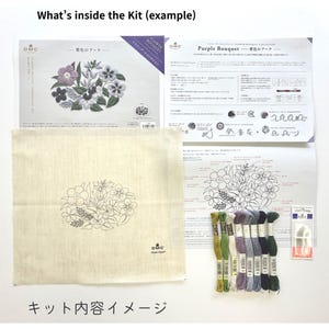 May include: A craft kit with the text "What's inside the Kit (example)". The kit includes a linen fabric with a floral design, embroidery floss in various colors, and printed instructions. The kit also includes a needle and threader.