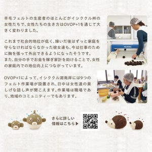 May include: A promotional image showcasing felt craft products, including a pufferfish and hedgehog, alongside text in Japanese. The image also features women working with felt and a machine, highlighting the production process.