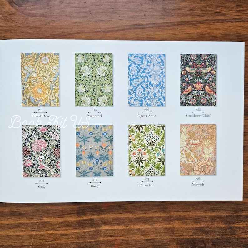 May include: A page featuring eight patterned fabric designs. The designs include floral and botanical patterns in various colors, such as pink, blue, green, and gold. Each design is labeled with a name and number, including "Pink & Rose" and "Strawberry Thief."