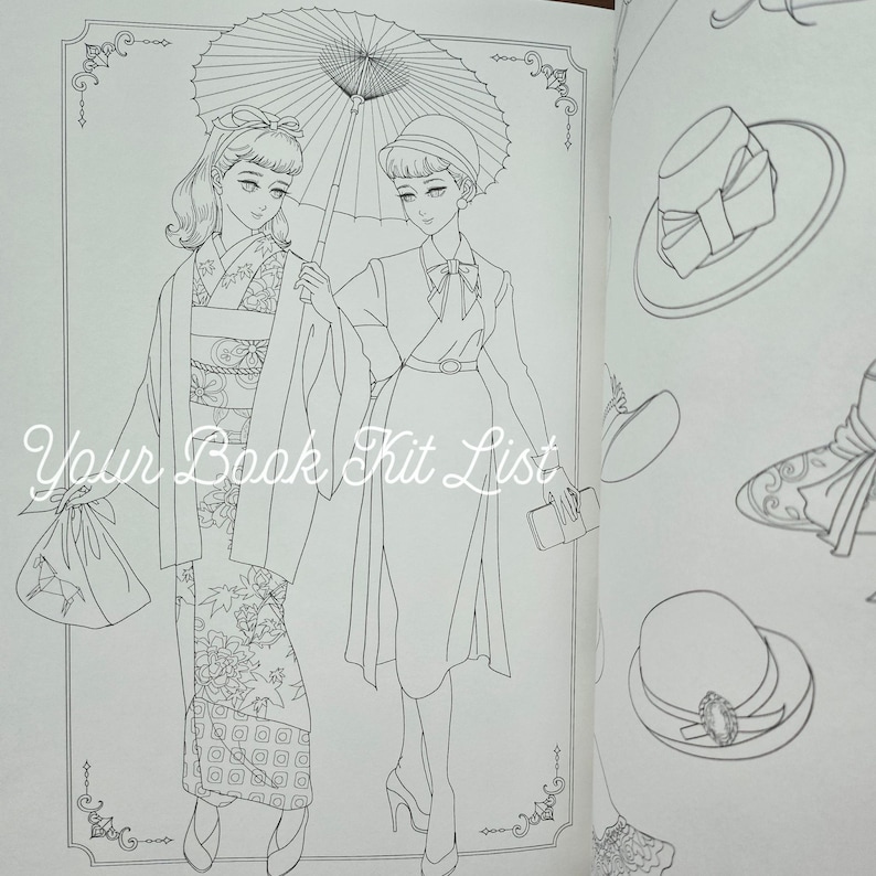 Pode incluir: Ilustra&ccedil;&atilde;o em linha de um livro de colorir com duas mulheres em trajes vintage. Uma usa um quimono, a outra um vestido e chap&eacute;u, segurando um guarda-sol. O texto "Your Book Kit List" &eacute; vis&iacute;vel.