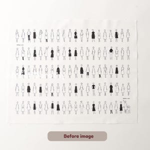 May include: A white fabric with a repeating pattern of stylized human figures in black. The figures are depicted in various poses and outfits, creating a minimalist design. The words "Before image" are printed in a brown rectangle at the bottom.