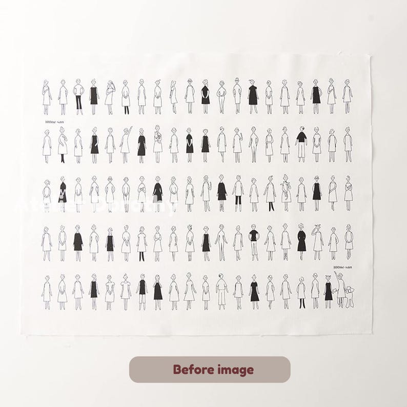 May include: A white fabric with a repeating pattern of stylized human figures in black. The figures are depicted in various poses and outfits, creating a minimalist design. The words "Before image" are printed in a brown rectangle at the bottom.