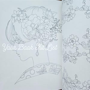 Pode incluir: Ilustra&ccedil;&atilde;o em linha do perfil de uma mulher, adornada com flores e borboletas no cabelo. A imagem &eacute; de um livro de colorir, com o texto "Your Book Kit List" vis&iacute;vel.
