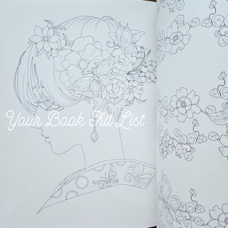 Pode incluir: Ilustra&ccedil;&atilde;o em linha do perfil de uma mulher, adornada com flores e borboletas no cabelo. A imagem &eacute; de um livro de colorir, com o texto "Your Book Kit List" vis&iacute;vel.