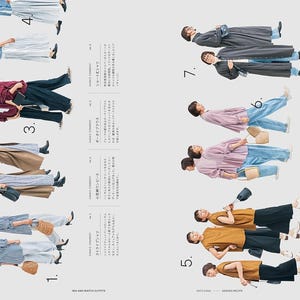 Pu&ograve; includere: Una doppia pagina che presenta sette esempi di stile numerati con vari outfit, tra cui abiti, pantaloni, camicette e cappotti di diversi colori. Il layout include descrizioni in giapponese per ogni look, numerate da uno a sette, che mostrano diverse combinazioni di abbigliamento su uno sfondo grigio chiaro.