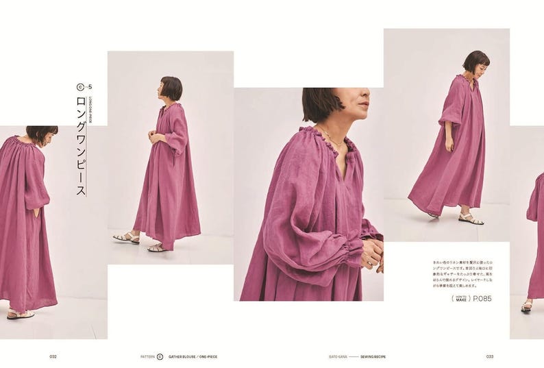 Pu&ograve; includere: Una donna modella un lungo abito magenta con scollo a V e maniche lunghe. L'abito &egrave; presentato in un servizio di moda. Il testo giapponese recita "Long One-Piece". L'abito &egrave; abbinato a sandali.