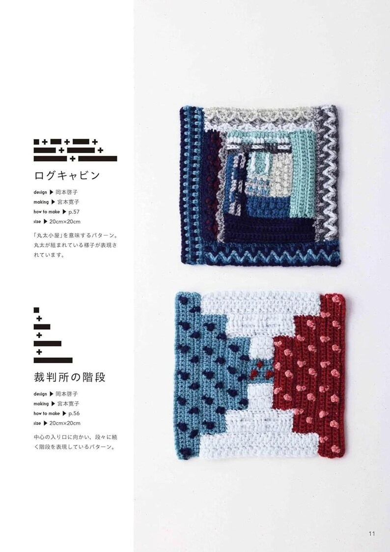 Puede incluir: Dos cuadrados de ganchillo, uno con un dise&ntilde;o de caba&ntilde;a de troncos en tonos azules, grises y blancos, y el otro con un patr&oacute;n de escalera en azul, blanco y rojo. Cada cuadrado mide 20 cm x 20 cm.