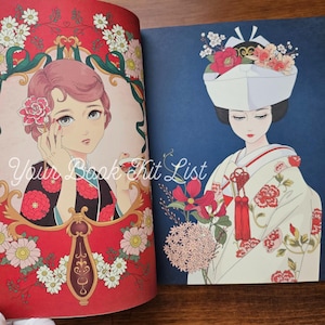 Pode incluir: Duas p&aacute;ginas de um livro com ilustra&ccedil;&otilde;es de mulheres. Uma mostra uma mulher com cabelo rosa e design floral, a outra uma mulher em um quimono de casamento japon&ecirc;s com detalhes florais. O texto na p&aacute;gina esquerda diz "Your Book Kit List."