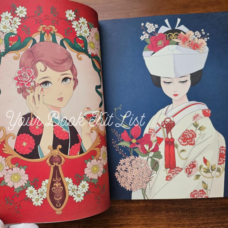 Pode incluir: Duas p&aacute;ginas de um livro com ilustra&ccedil;&otilde;es de mulheres. Uma mostra uma mulher com cabelo rosa e design floral, a outra uma mulher em um quimono de casamento japon&ecirc;s com detalhes florais. O texto na p&aacute;gina esquerda diz "Your Book Kit List."