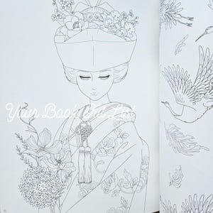 Pode incluir: Ilustra&ccedil;&atilde;o em linha de uma mulher em quimono e toucado tradicionais japoneses, segurando flores. A imagem &eacute; de um livro de colorir, com o texto "Your Book Kit List" vis&iacute;vel. A p&aacute;gina adjacente apresenta desenhos de p&aacute;ssaros e folhagens.