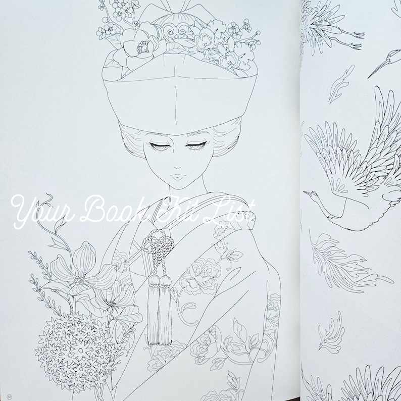 Pode incluir: Ilustra&ccedil;&atilde;o em linha de uma mulher em quimono e toucado tradicionais japoneses, segurando flores. A imagem &eacute; de um livro de colorir, com o texto "Your Book Kit List" vis&iacute;vel. A p&aacute;gina adjacente apresenta desenhos de p&aacute;ssaros e folhagens.