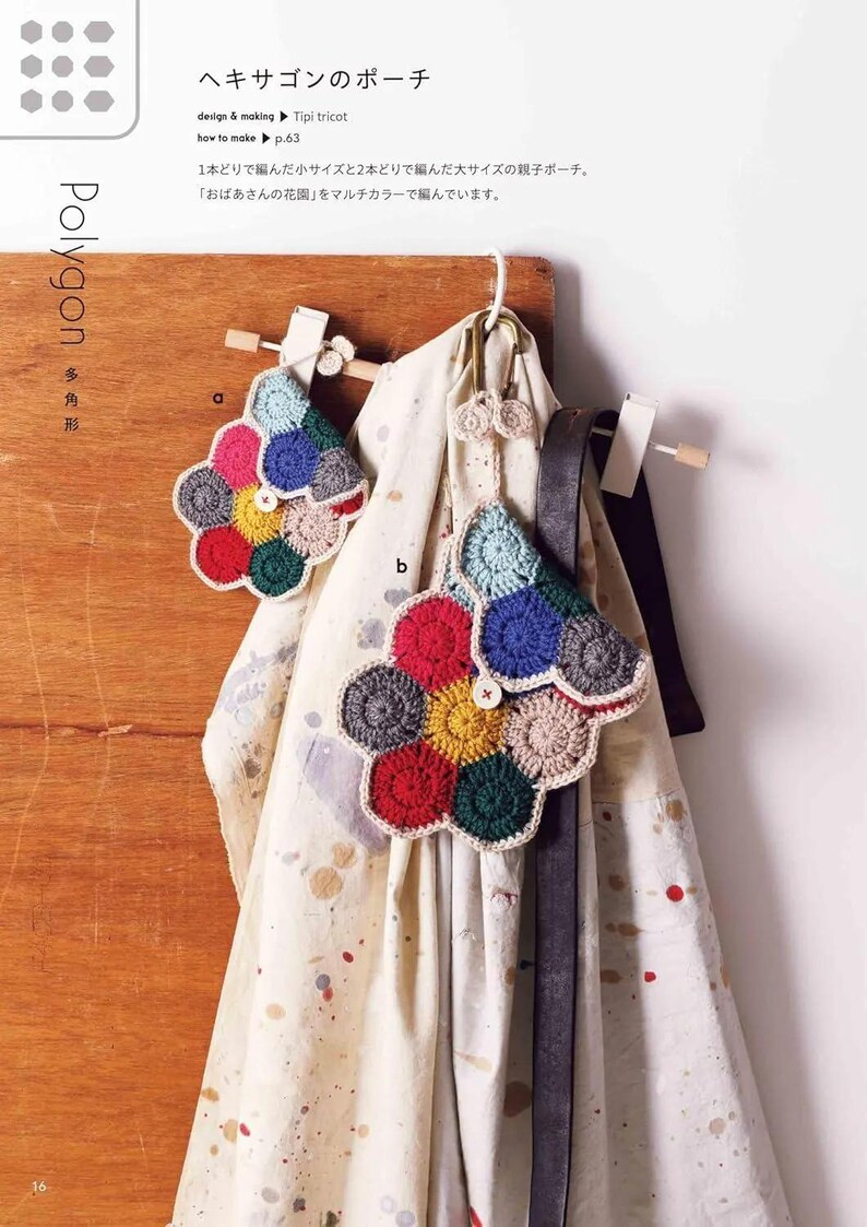 Puede incluir: Dos coloridos bolsos con forma de flor, hechos a ganchillo, colgados de una superficie de madera. Los bolsos est&aacute;n hechos de varios colores, incluyendo rojo, azul, amarillo y verde. El texto "Polygon" y texto japon&eacute;s son visibles.