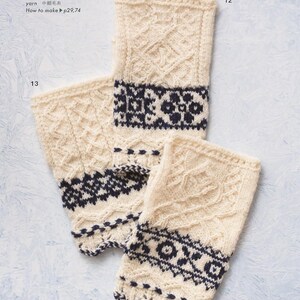 May include: Three cream-colored knitted arm warmers with intricate patterns and a dark blue floral design. The text in the image reads "How to make p29,74". The arm warmers are displayed on a light blue surface.
