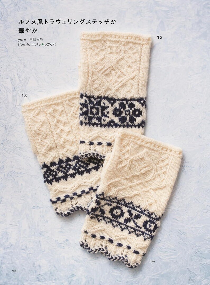May include: Three cream-colored knitted arm warmers with intricate patterns and a dark blue floral design. The text in the image reads "How to make p29,74". The arm warmers are displayed on a light blue surface.