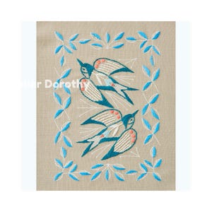 Swallows and Plants Printed Cloth Embroidery Kit by Alice Makabe, Blue