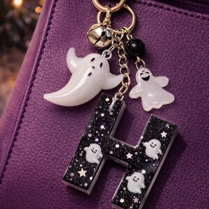 Ghost keychain. Cute. Halloween. Black and white. Choose initial. Purse handbag charm