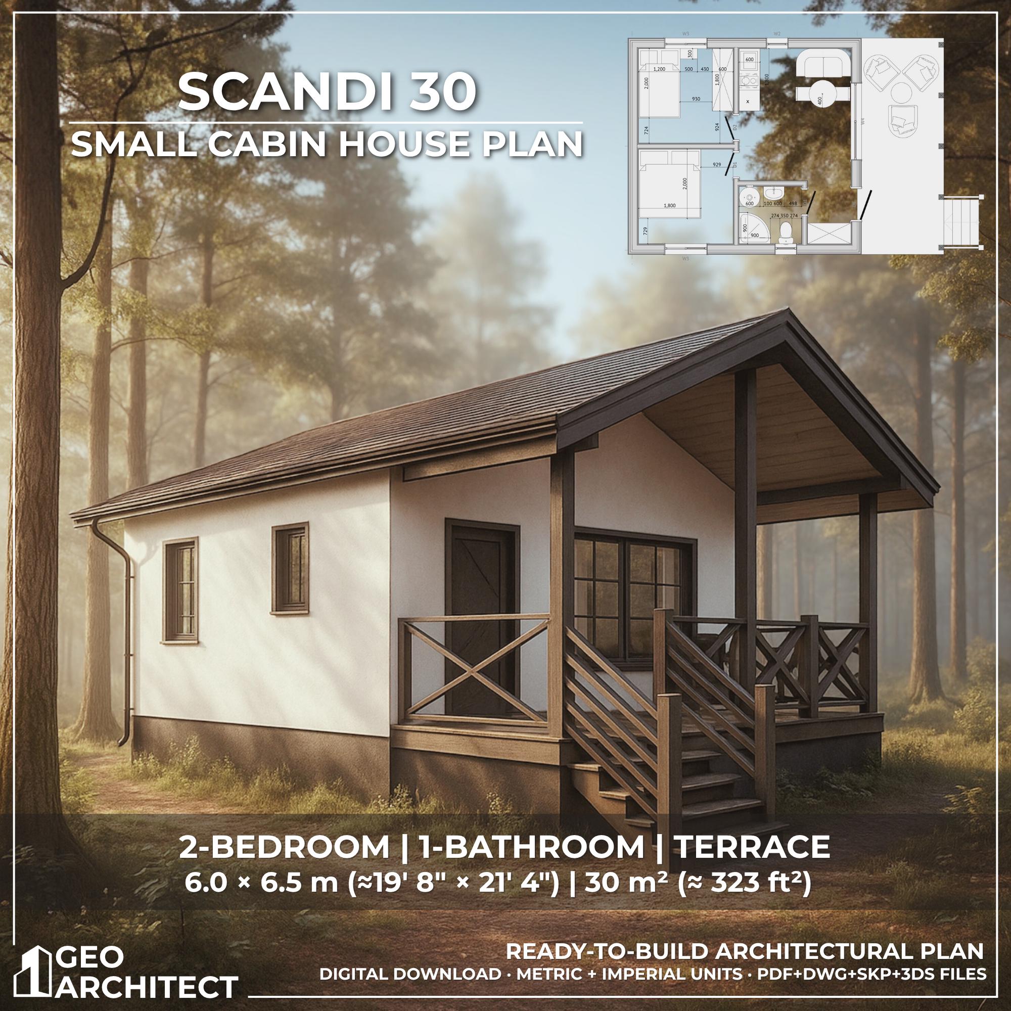SCANDI 30 - Modern Small Cabin House Plan – 2-bedroom Scandinavian ...