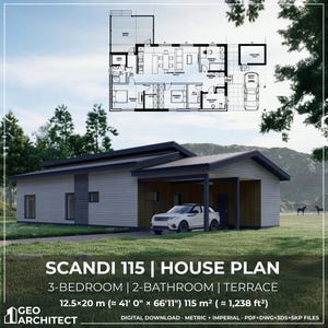 Könnte beinhalten: Moderner Hausplan "SCANDI 115" mit 3 Schlafzimmern, 2 Bädern und Terrasse. Abmessungen ca. 12,5 x 20 m (41' 0" x 66'11"), Gesamtfläche 115 m². Das Bild zeigt eine Hausvisualisierung und einen Grundriss.