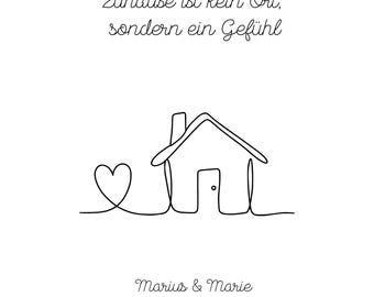 May include: A minimalist line drawing of a house with a heart, accompanied by the text "Zuhause ist kein Ort, sondern ein Gefühl" and the names "Marius & Marie est 2024" in a delicate script, all on a white background.