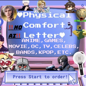 May include: A light purple computer monitor graphic featuring the text Physical Comfort Letter and Press Start to order. The screen is surrounded by various stickers of anime characters, celebrities, game figures, and pop culture icons in a collage.