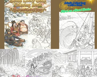 Seven Lucky Gods Coloring Pages – Japanese Mythology Printable Set, 5 Detailed Adult Coloring Sheets, Instant Download