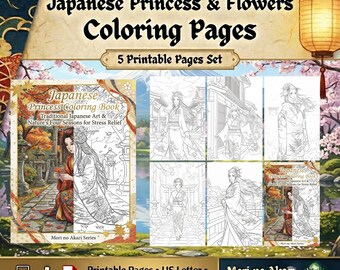 Digital Download No.1 Japanese Princess Coloring Pages, 5 Printable Pages, Mori no Akari Series, Adult Coloring Book, Stress Relief, Zen Art