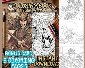 Samurai Battles & Legendary Heroes Coloring Pages, Set of 5 Detailed Japanese Warrior Sheets, Zen Stress Relief, Mindfulness