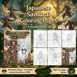 May include: A set of Japanese Samurai coloring pages. The image features a cover of a coloring book with a samurai and a tiger, and several black and white line drawings of samurai warriors. Text includes "Japanese Samurai Coloring Pages" and "Sengoku Warlords Coloring Book."