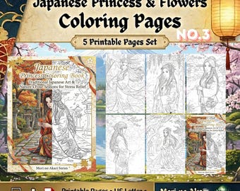 Digital Download No.3 Japanese Princess Coloring Pages, 5 Printable Pages, Mori no Akari Series, Adult Coloring Book, Stress Relief, Zen Art