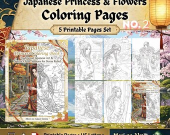 Digital Download No.2 Japanese Princess Coloring Pages, 5 Printable Pages, Mori no Akari Series, Adult Coloring Book, Stress Relief, Zen Art