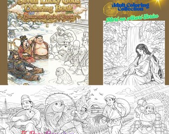 Seven Lucky Gods Everyday Blessings – Japanese Coloring Pages, 5 Detailed Adult Coloring Sheets, Instant Download