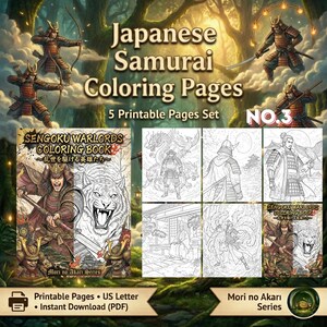 May include: Japanese Samurai Coloring Pages set featuring 5 printable pages. The image includes a coloring book cover with a samurai and tiger illustration, and several line art drawings of samurai warriors. The text reads "Sengoku Warlords Coloring Book".