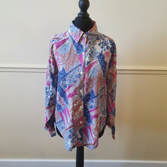 1980s 70s purple blue pattern shirt vintage. - Gem