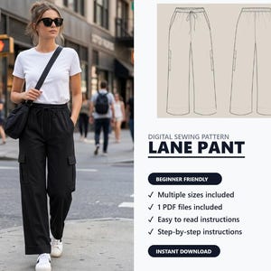 Cartamodello PDF per pantaloni Lane, pantaloni da donna a gamba larga, modello con elastico in vita, pantaloni estivi dalla vestibilità comoda, download immediato.