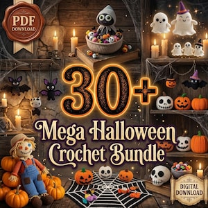 Könnte beinhalten: Ein digitaler PDF-Download mit einem 30+ Mega Halloween Häkelpaket. Das Bild zeigt verschiedene gehäkelte Gegenstände, darunter eine Vogelscheuche, Geister, Kürbisse, Fledermäuse, Totenköpfe und ein Spinnennetz in einer dunklen, festlichen Umgebung.