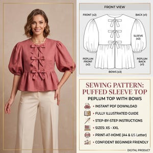 Puede incluir: Un top con peplum en color rosa empolvado con mangas abullonadas y tres lazos frontales. La imagen incluye un dibujo técnico de los componentes y el texto: SEWING PATTERN: PUFFED SLEEVE TOP, PEPLUM TOP WITH BOWS, INSTANT PDF DOWNLOAD, FULLY ILLUSTRATED GUIDE, STEP-BY-STEP INSTRUCTIONS, SIZES: XS - XXL, PRINT-AT-HOME (A4 & US LETTER), CONFIDENT BEGINNER FRIENDLY, DIGITAL PRODUCT.