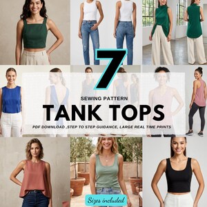 Peut inclure: Un patron de couture numérique pour 7 débardeurs, présentant un collage de divers styles incluant des modèles courts, à col haut et sans manches en vert, bleu, rose et noir, avec le texte 7 SEWING PATTERN TANK TOPS.